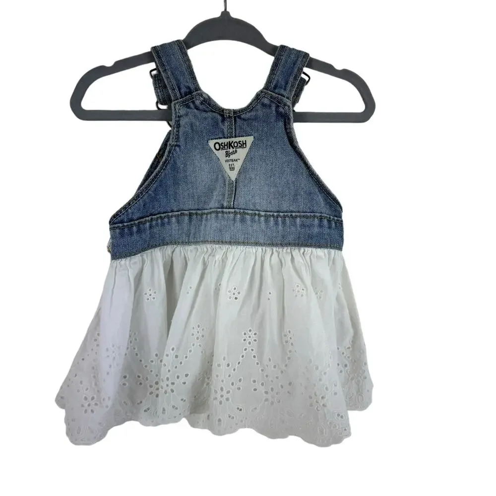 Oshkosh B'gosh 100% Cotton Denim‎ White Eyelet Adjustable Strap Dress Size 9M
